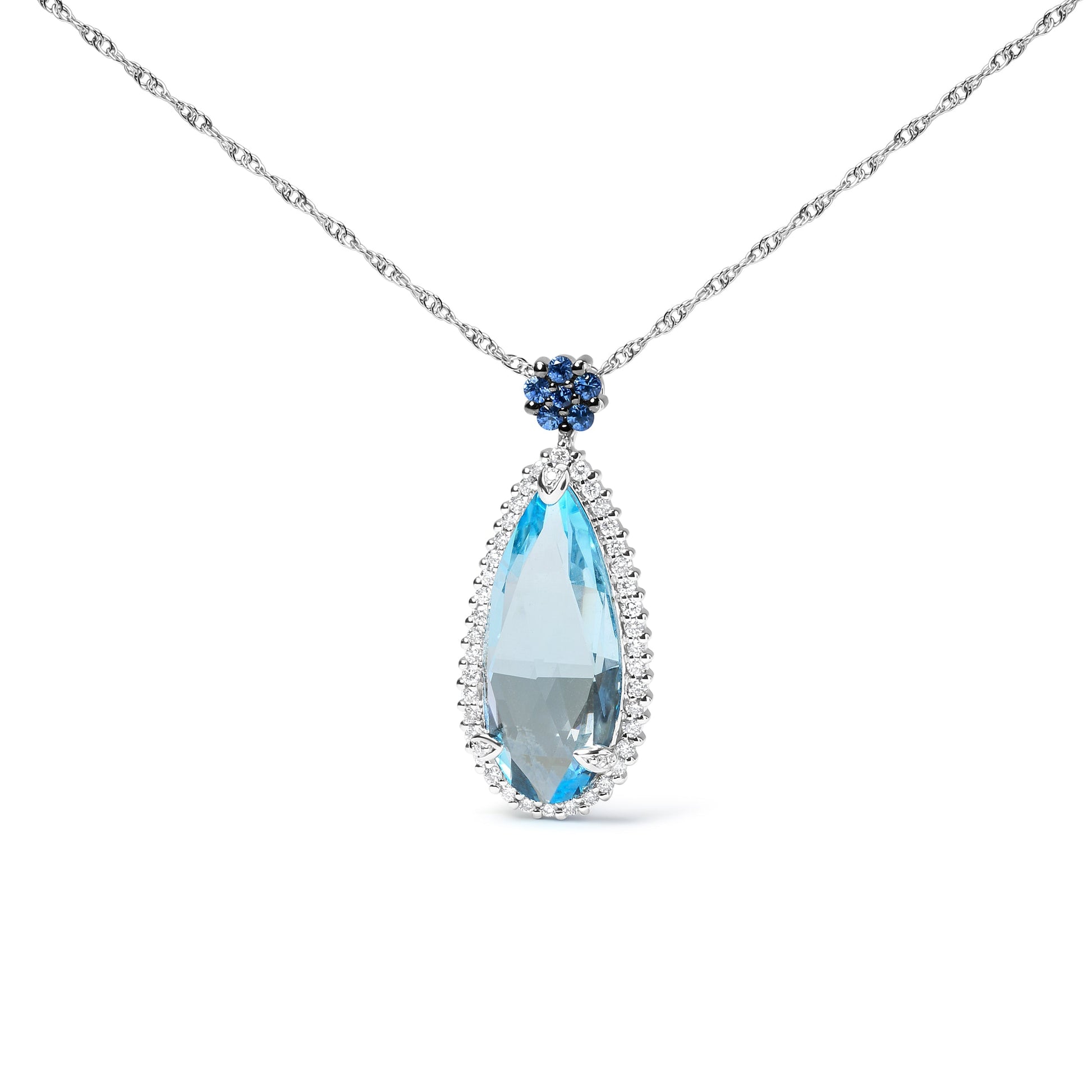 18K White Gold 3/8 Cttw Pave Set Diamond and Sky Blue Topaz and Blue Sapphire Gemstone Floral Teardrop Halo 18" Pendant Necklace (G-H Color, SI2-I1 Clarity) Bids.com