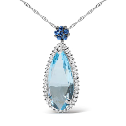 18K White Gold 3/8 Cttw Pave Set Diamond and Sky Blue Topaz and Blue Sapphire Gemstone Floral Teardrop Halo 18" Pendant Necklace (G-H Color, SI2-I1 Clarity) Bids.com