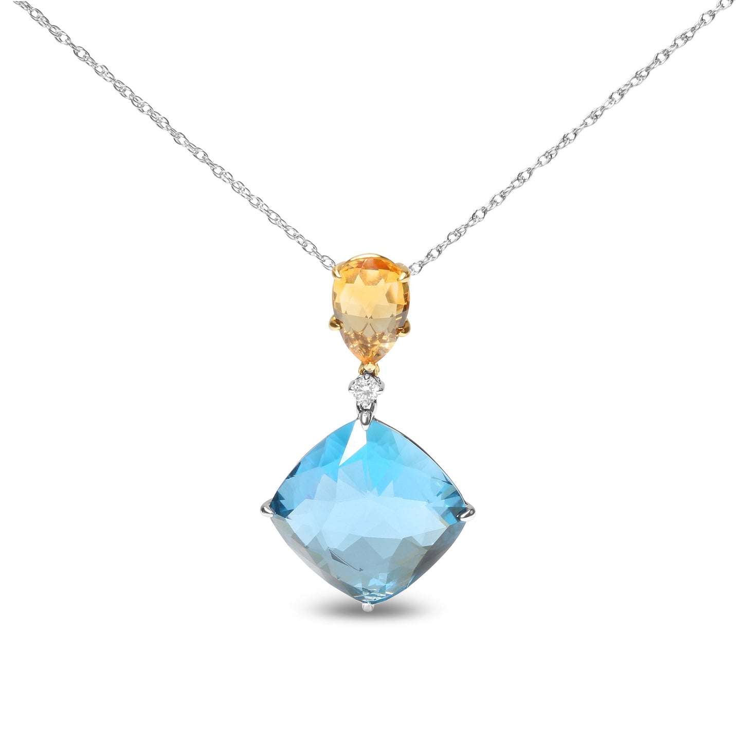 18K White and Yellow Gold Diamond Accent and Yellow Citrine and Sky Blue Topaz Gemstone Dangle Drop 18" Pendant Necklace (G-H Color, SI1-SI2 Clarity) Bids.com