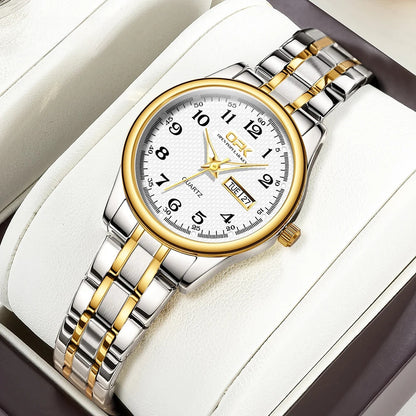 Women's Stainless Steel Blue Dial Watch Dual Calendar BandsCo Straps