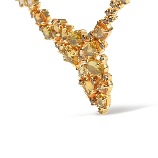 18K Yellow Gold 1/2 Cttw Brown Diamond and Multi-Size Oval Yellow Sapphire Cluster Cascade Station Necklace (Brown Color, SI1-SI2 Clarity) - Adjustable up to 14" to 16" Bids.com