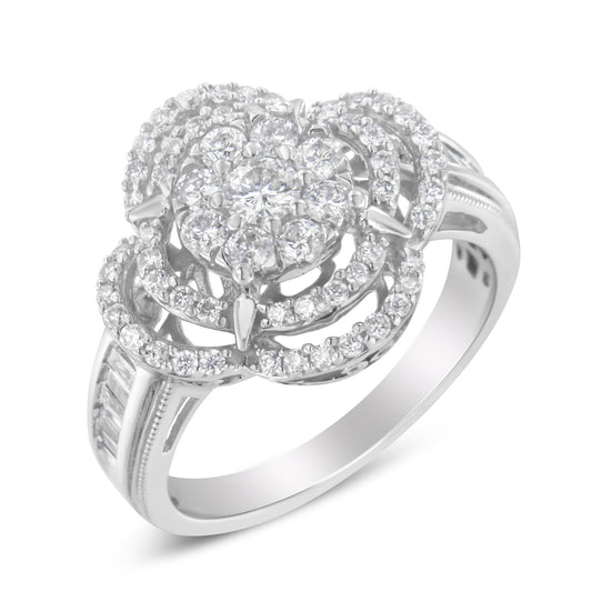 14K White Gold 1.0 Cttw Round & Baguette Cut Diamond Floral Cluster Quatrefoil Channel Set Band Cocktail Statement Ring (H-I Color, SI2-I1 Clarity) - Size 6-3/4 Bids.com
