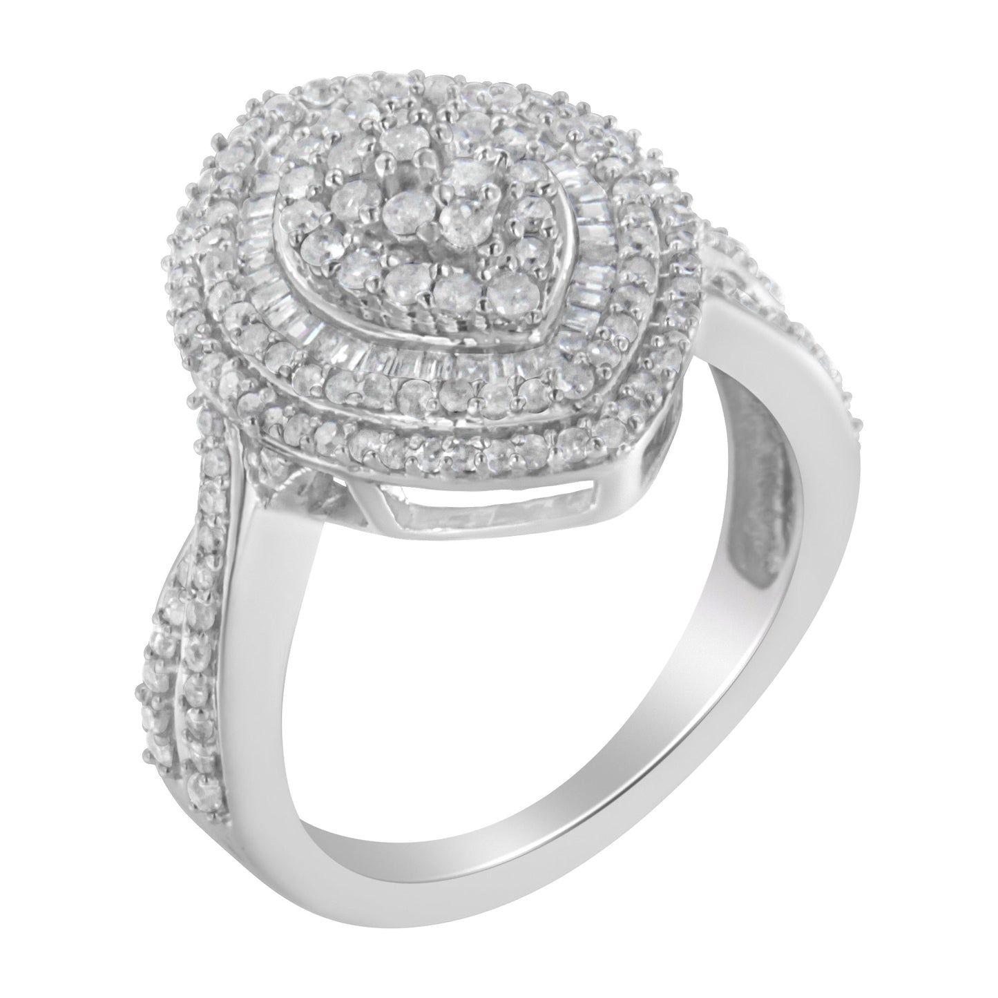 .925 Sterling Silver 1.0 Cttw Round & Baguette-Cut Diamond Marquise-Shaped Cluster Triple Stepped Halo Cocktail Fashion Ring (I-J Color, I2-I3 Clarity) - Size 7 Bids.com