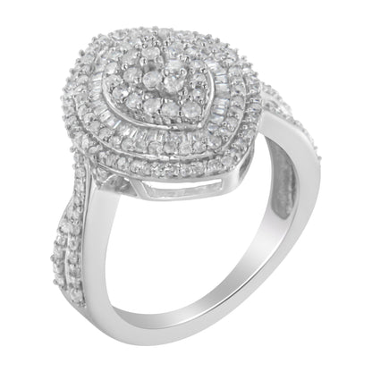 .925 Sterling Silver 1.0 Cttw Round & Baguette-Cut Diamond Marquise-Shaped Cluster Triple Stepped Halo Cocktail Fashion Ring (I-J Color, I2-I3 Clarity) - Size 7 Bids.com