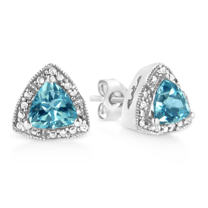 .925 Sterling Silver 6x6 mm Trillion Cut Blue Topaz Gemstone and Diamond Accent Stud Earring (I-J Color, I1-I2 Clarity) Bids.com
