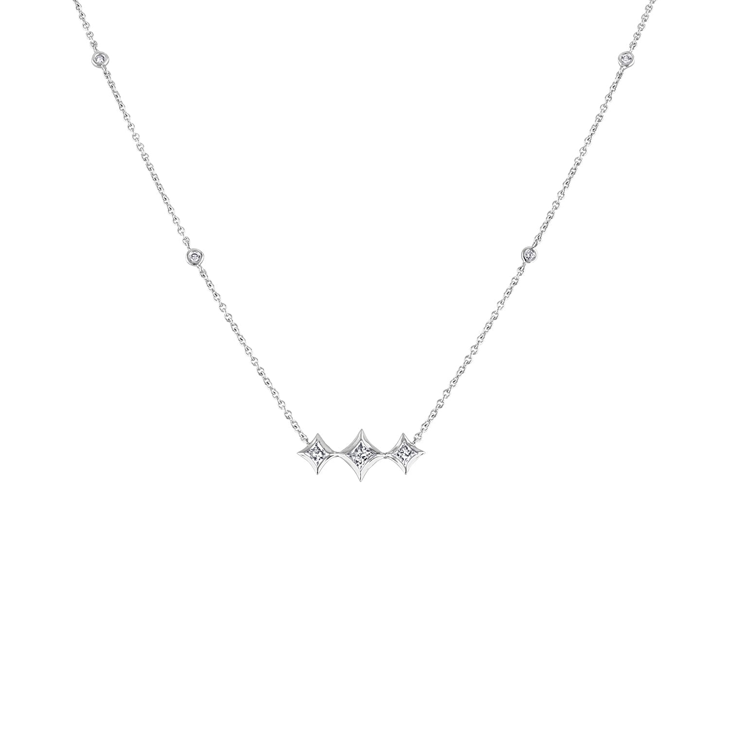 10K White Gold Bezel Set Princess Diamond 3 Stone Kite Shape and Station Necklace (H-I Color, SI2-I1 Clarity) - 18" Inches Bids.com