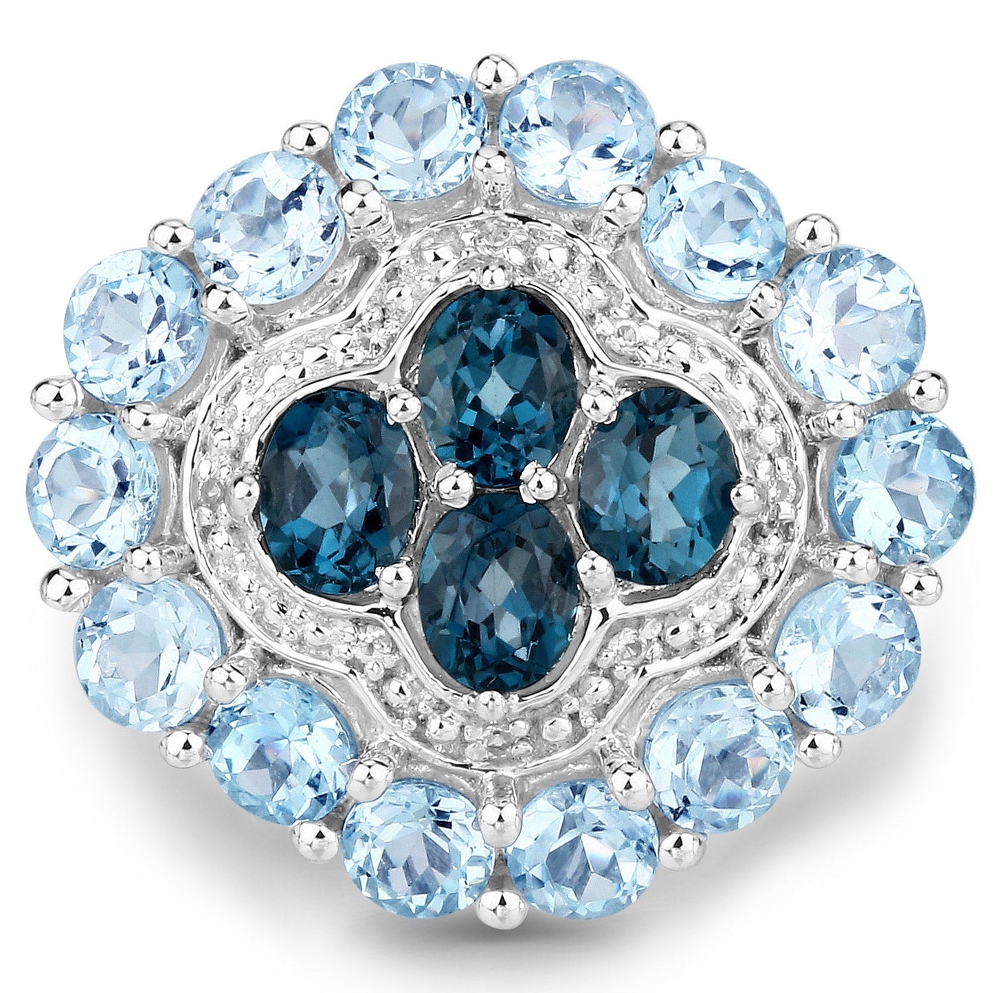 6.54 Carat Genuine London Blue Topaz, Blue Topaz and White Topaz .925 Sterling Silver Ring Bids.com