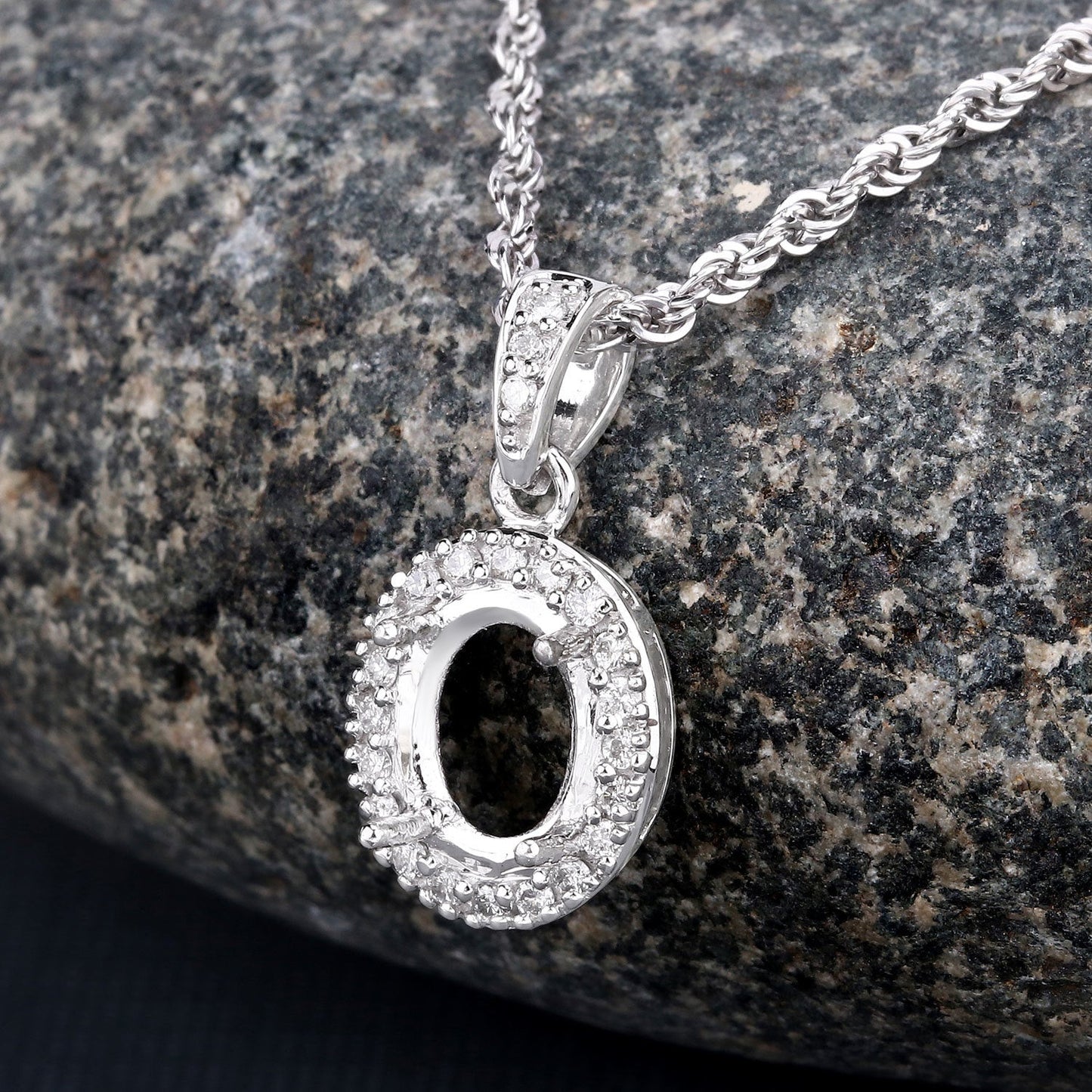 0.18 Carat Genuine White Diamond 14K White Gold Semi Mount Pendant - holds 8x6mm Oval Gemstone Bids.com