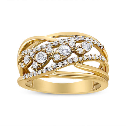 10K Yellow Gold 1/2 Cttw Round-Cut Multi Row Diamond Split Shank Cocktail Ring (H-I Color, SI2-I1 Clarity) - Size 7 Bids.com