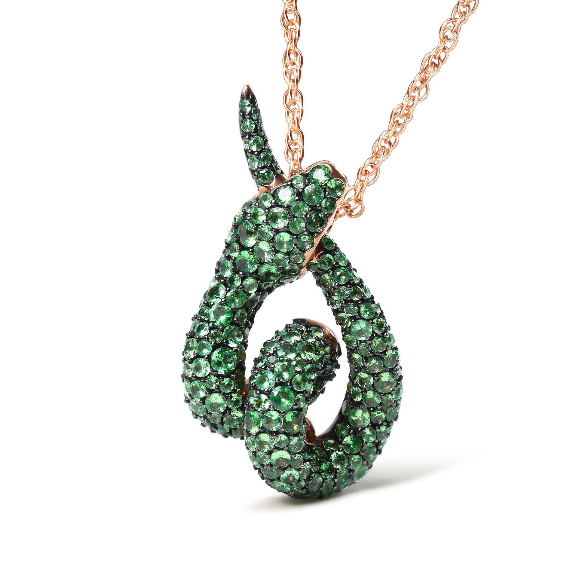 18K Rose Gold Round Green Tsavorite Gemstone Cluster Spiral Snake Design 18" Pendant Necklace (AAA+ Quality) Bids.com