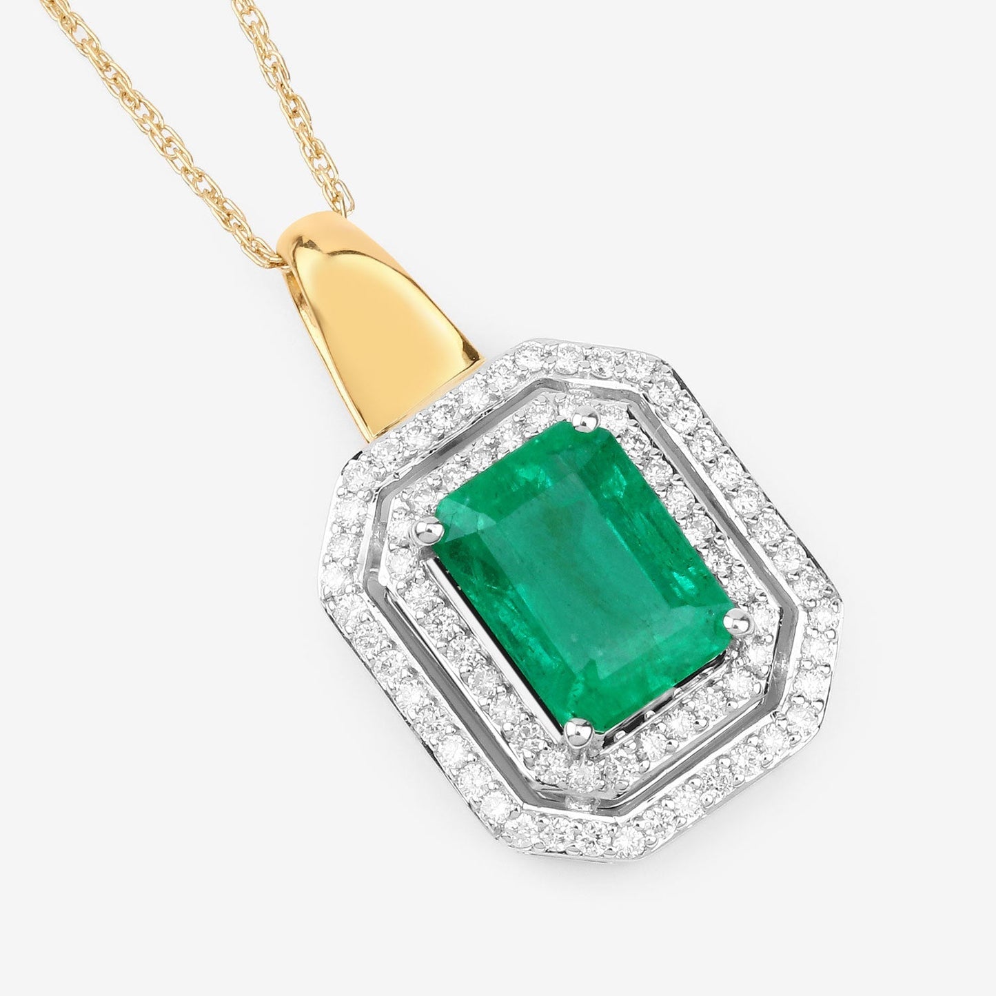 IGI Certified 2.37 Carat Genuine Zambian Emerald and White Diamond 14K Yellow & White Gold Pendant Bids.com