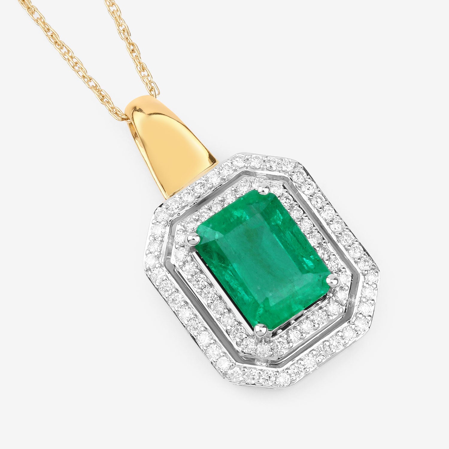 IGI Certified 2.37 Carat Genuine Zambian Emerald and White Diamond 14K Yellow & White Gold Pendant Bids.com