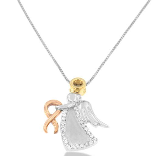 10K Tri-Color Gold Diamond-Accented Angel Awareness Ribbon Pendant Necklace (H-I Color, I1-I2 Clarity) Bids.com