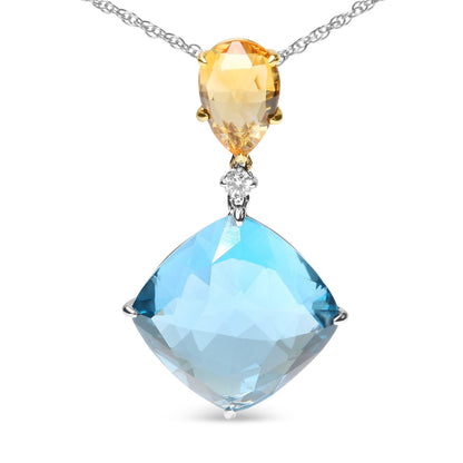 18K White and Yellow Gold Diamond Accent and Yellow Citrine and Sky Blue Topaz Gemstone Dangle Drop 18" Pendant Necklace (G-H Color, SI1-SI2 Clarity) Bids.com