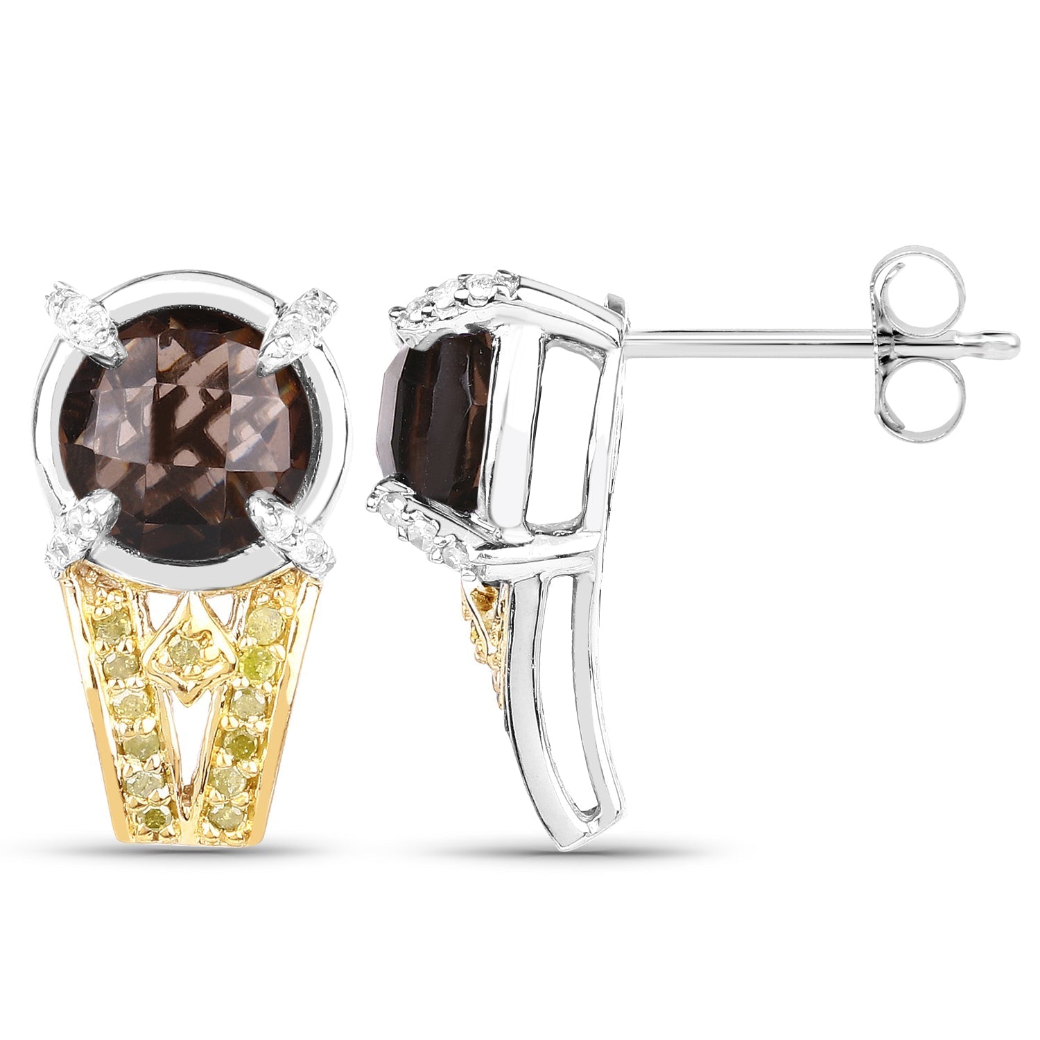 3.75 Carat Genuine Smoky Quartz, Yellow Diamond and White Diamond .925 Sterling Silver Earrings Bids.com