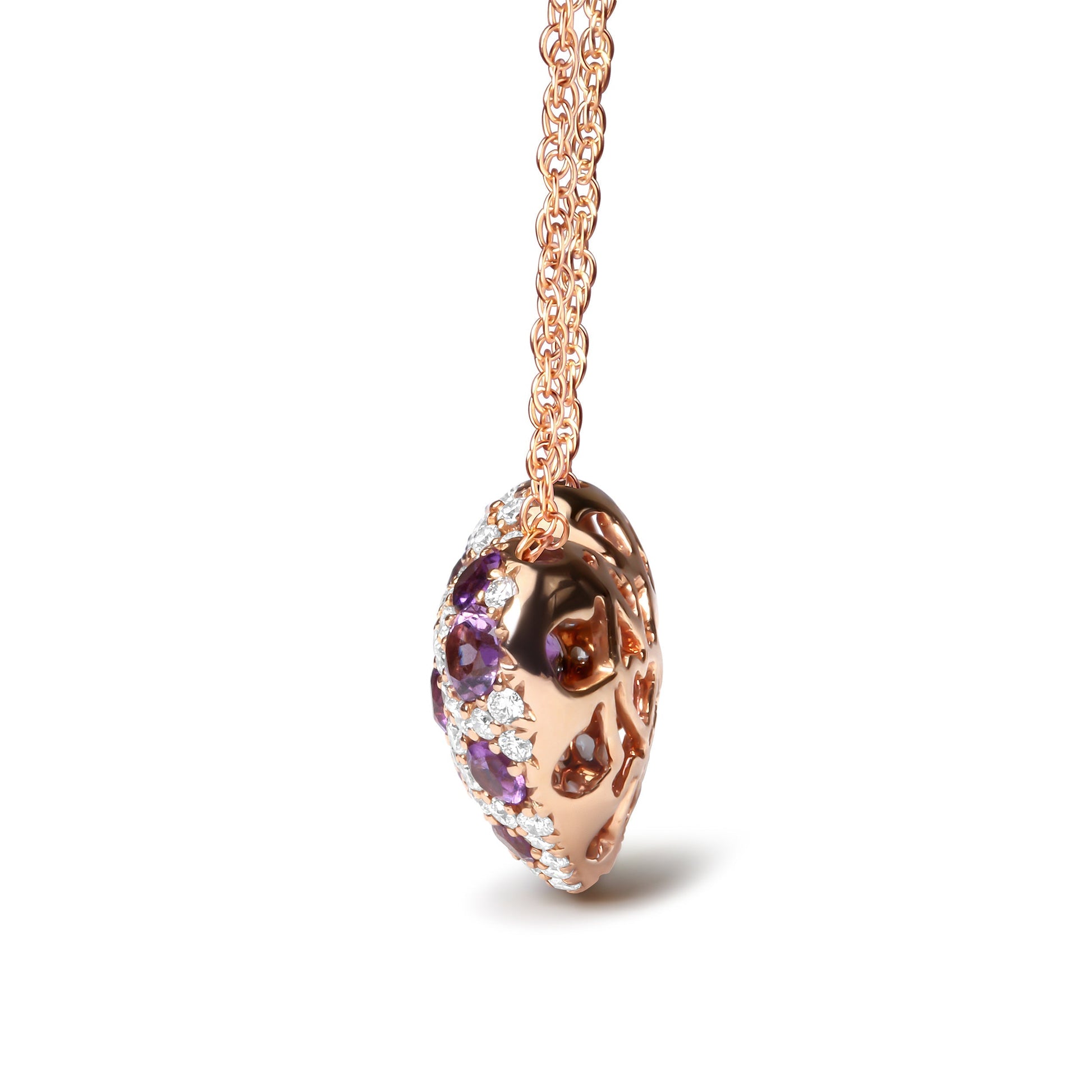 18K Rose Gold 3/4 Cttw Diamond and Purple Amethyst Cluster Heart Shape 18" Pendant Necklace (G-H Color, SI1-SI2 Clarity) Bids.com
