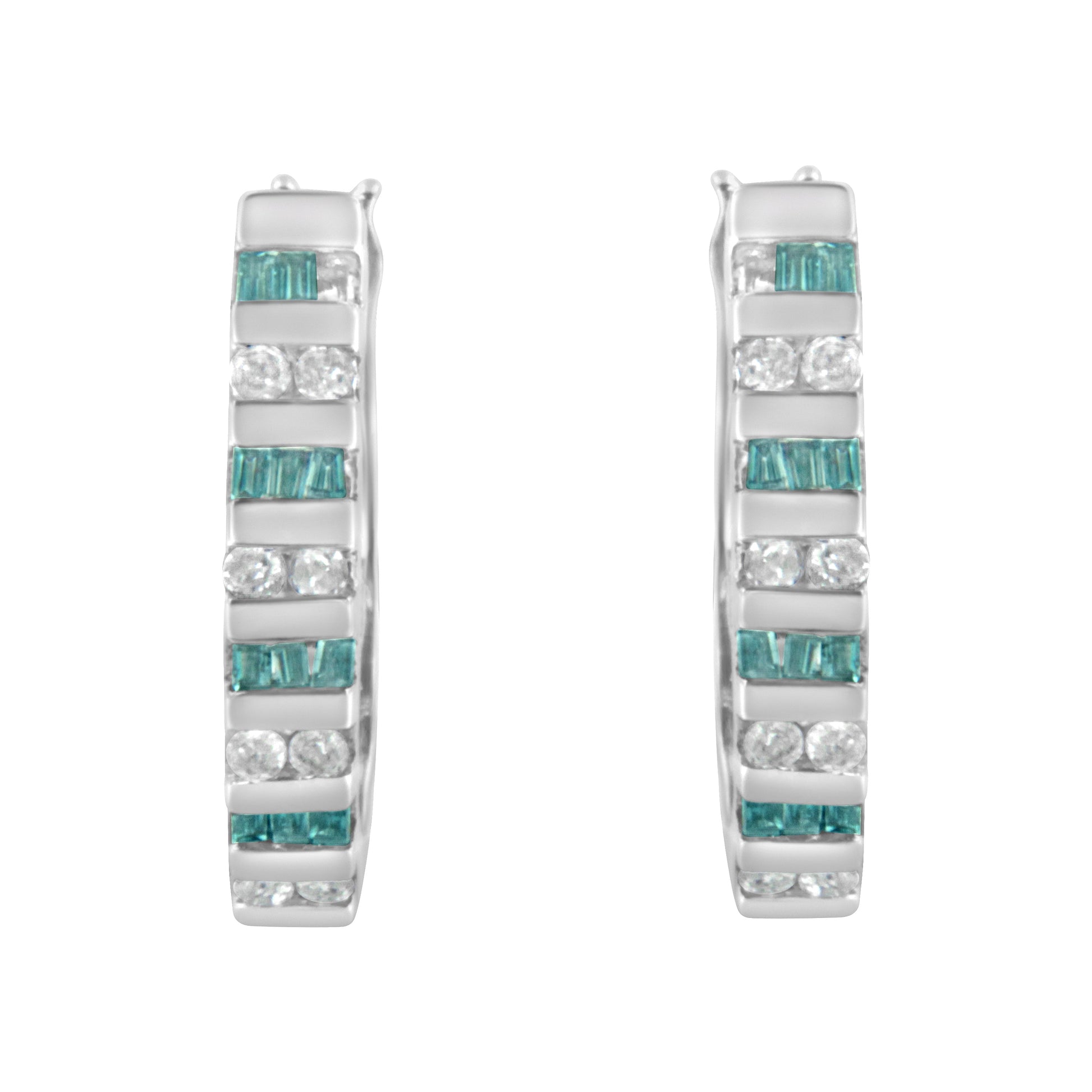 10k White Gold Round and Blue Baguette 1/2 cttw Diamond Hoop Earrings (I-J Color, I2-I3 Clarity) Bids.com