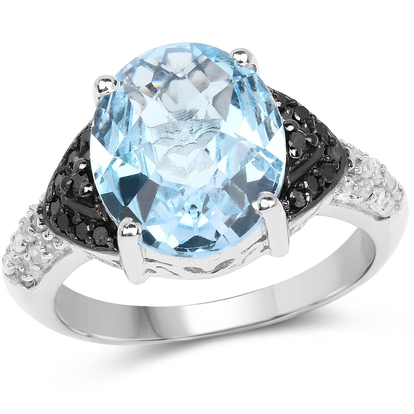 5.37 Carat Genuine Swiss Blue Topaz, Black Diamond & White Topaz .925 Sterling Silver Ring Bids.com