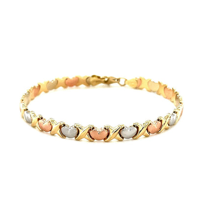 14k Tri-Color Gold Fancy Satin Heart Line Bracelet Bids.com