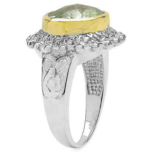 Two Tone Plated 4.16 Carat Genuine Green Amethyst & White Topaz .925 Sterling Silver Ring Bids.com