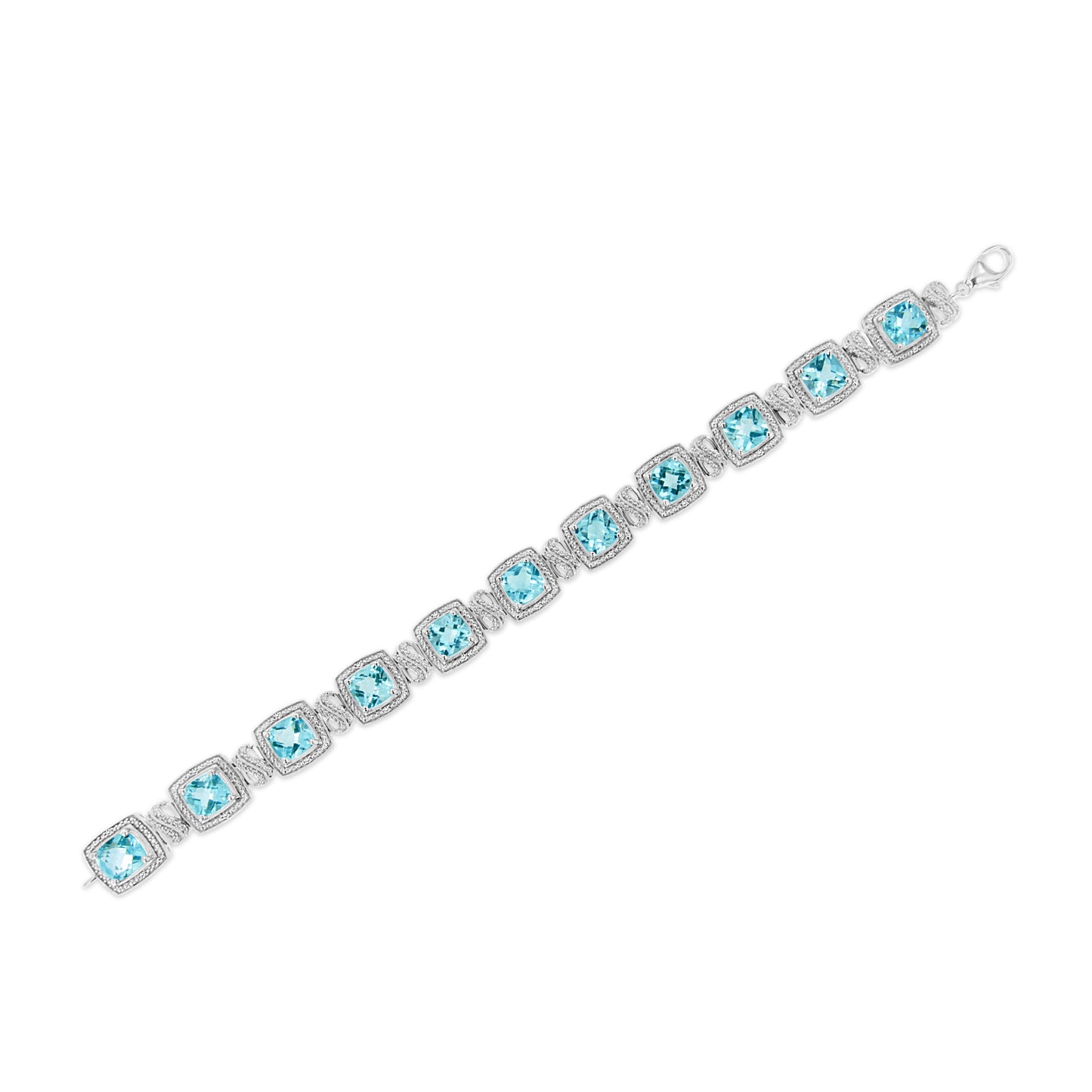 .925 Sterling Silver 7x7 mm Cushion Cut Blue Topaz and 1/10 Ctw Single Cut Diamond Square Shape Tennis Bracelet (I-J Color, I1-I2 Clarity) - 7" Bids.com
