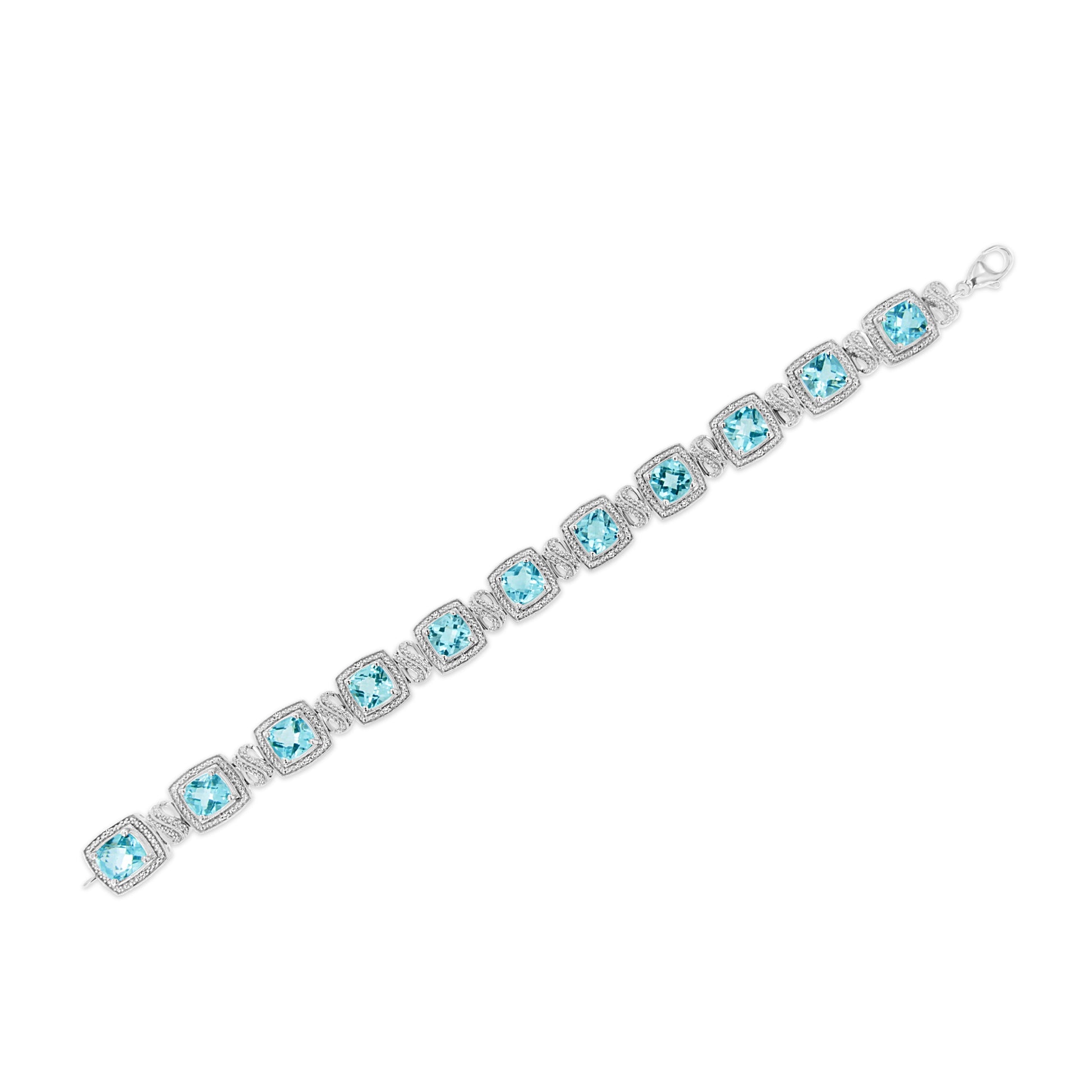 .925 Sterling Silver 7x7 mm Cushion Cut Blue Topaz and 1/10 Ctw Single Cut Diamond Square Shape Tennis Bracelet (I-J Color, I1-I2 Clarity) - 7" Bids.com