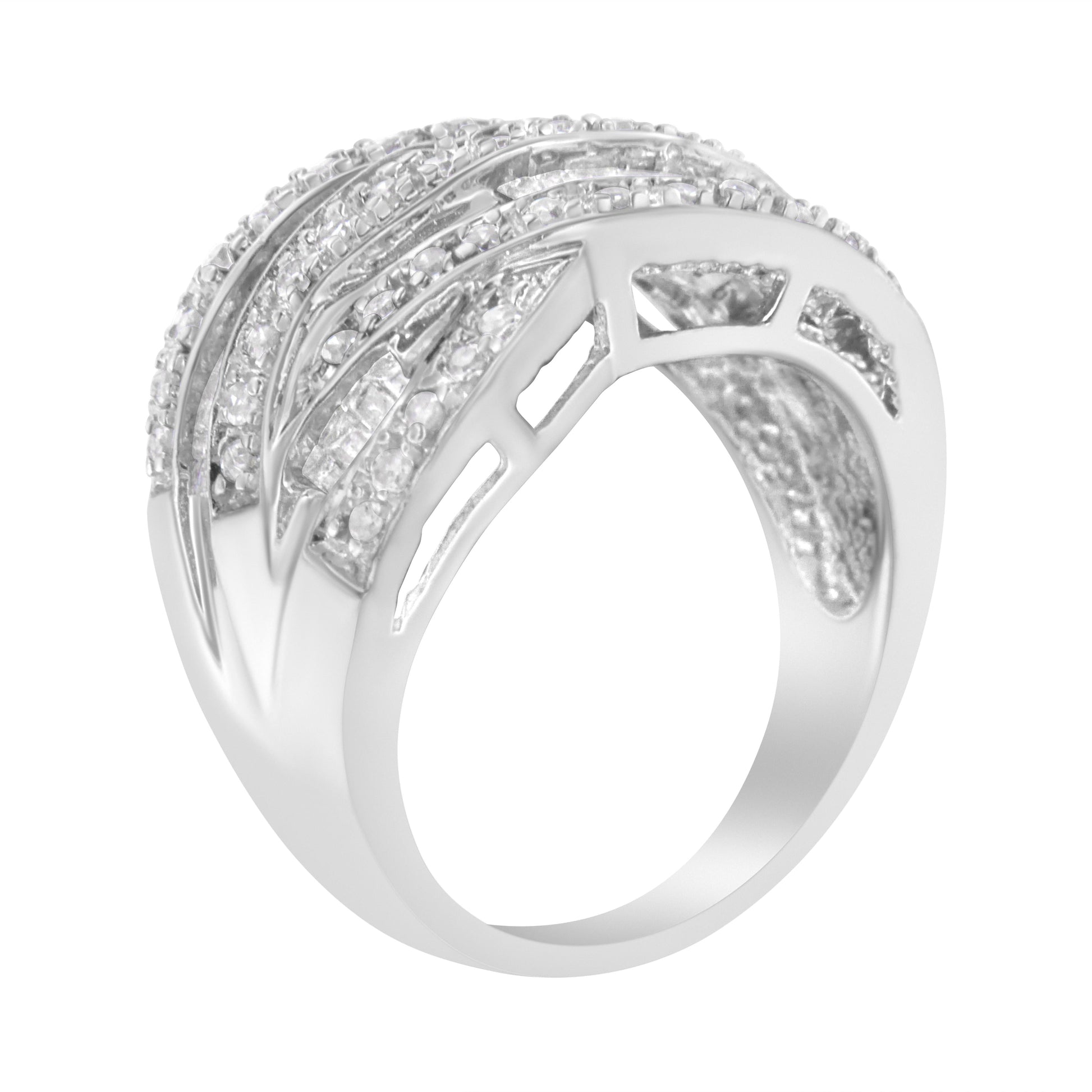 .925 Sterling Silver 1.0 Cttw Channel Set Alternating Round and Baguette Diamond Cross-over Bypass Ring Band (I-J Color, I2-I3 Clarity) - Size 7 Bids.com