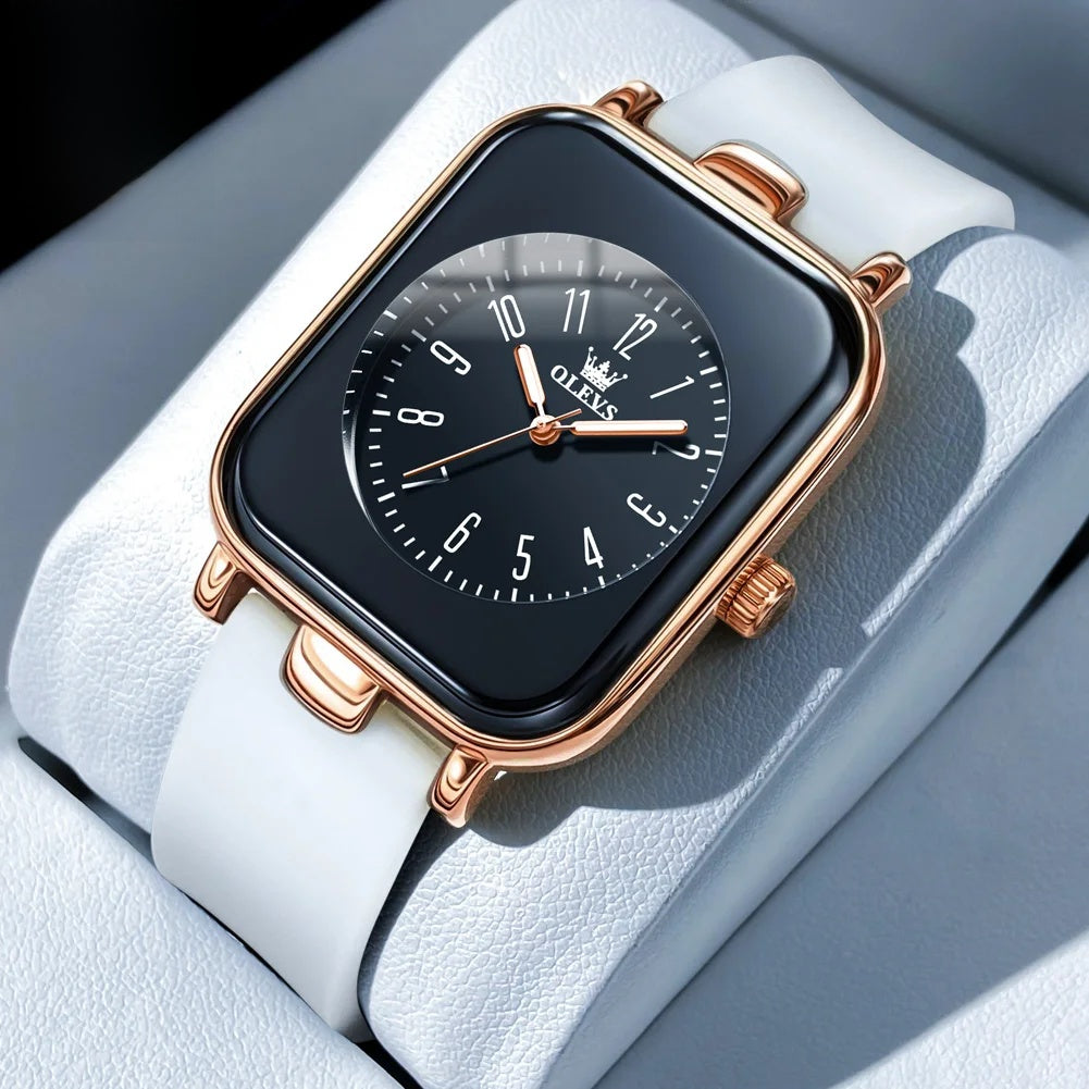 Women's Rectangular Gold Tone Quartz Watch Silicone Strap BandsCo Straps