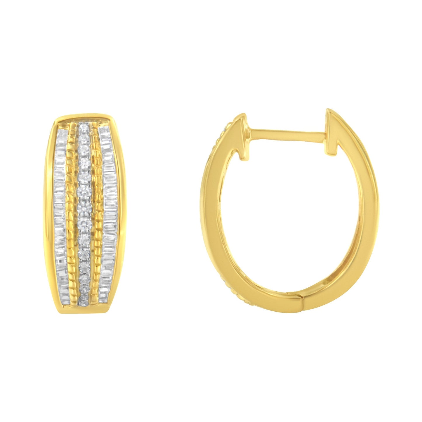 10K Yellow Gold 3/4 Cttw Pave and Channel Set Diamond Triple Row Modern Hoop Earrings (I-J Color, I2-I3 Clarity) Bids.com