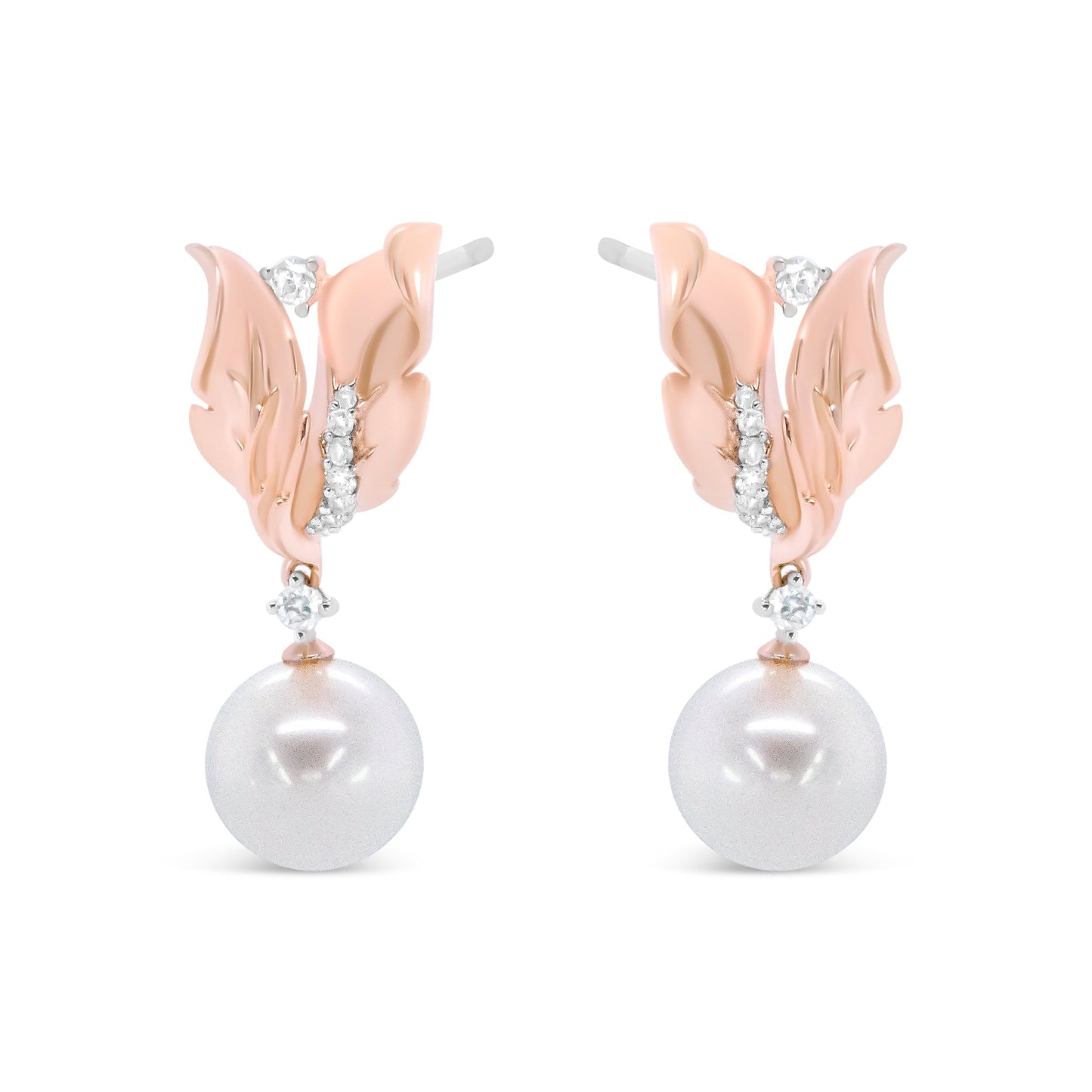 14K Rose Gold 1/6 Cttw Round Diamond and 8mm Round Pearl Floral Drop Stud Earrings (H-I Color, I1-I2 Clarity) Bids.com
