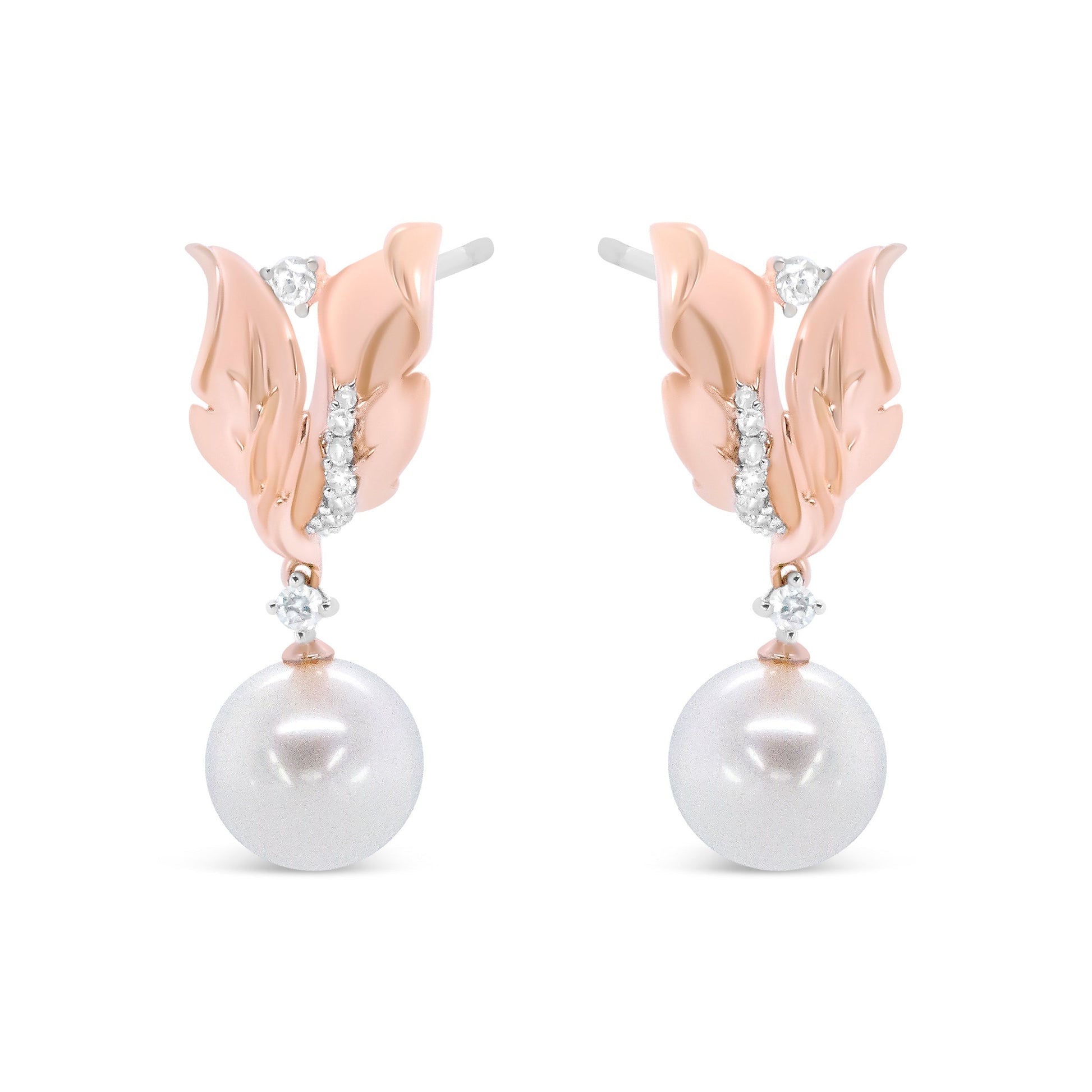 14K Rose Gold 1/6 Cttw Round Diamond and 8mm Round Pearl Floral Drop Stud Earrings (H-I Color, I1-I2 Clarity) Bids.com