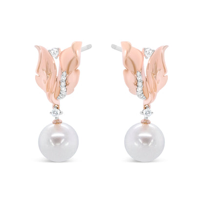 14K Rose Gold 1/6 Cttw Round Diamond and 8mm Round Pearl Floral Drop Stud Earrings (H-I Color, I1-I2 Clarity) Bids.com