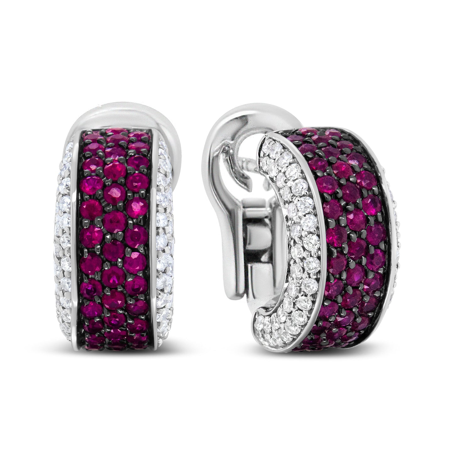 18K White Gold and Black Rhodium Plated 3/4 Cttw Round Diamonds and 1mm Round Red Ruby Huggie Hoop Earrings (F-G Color, VS1-VS2 Clarity) Bids.com