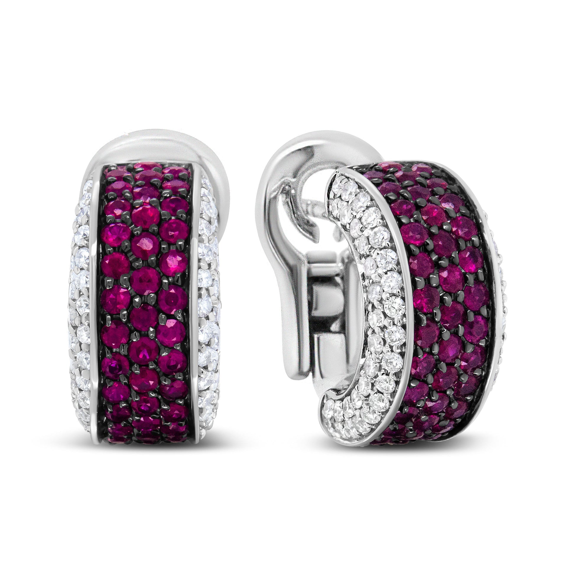 18K White Gold and Black Rhodium Plated 3/4 Cttw Round Diamonds and 1mm Round Red Ruby Huggie Hoop Earrings (F-G Color, VS1-VS2 Clarity) Bids.com