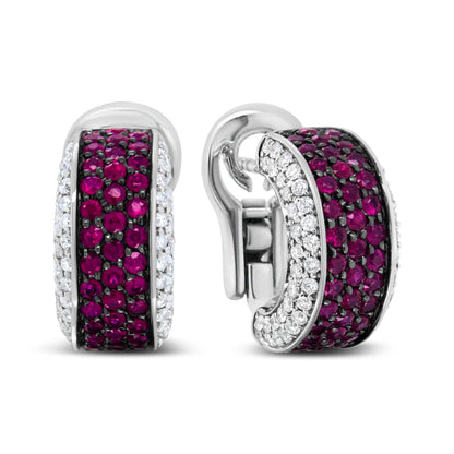 18K White Gold and Black Rhodium Plated 3/4 Cttw Round Diamonds and 1mm Round Red Ruby Huggie Hoop Earrings (F-G Color, VS1-VS2 Clarity) Bids.com