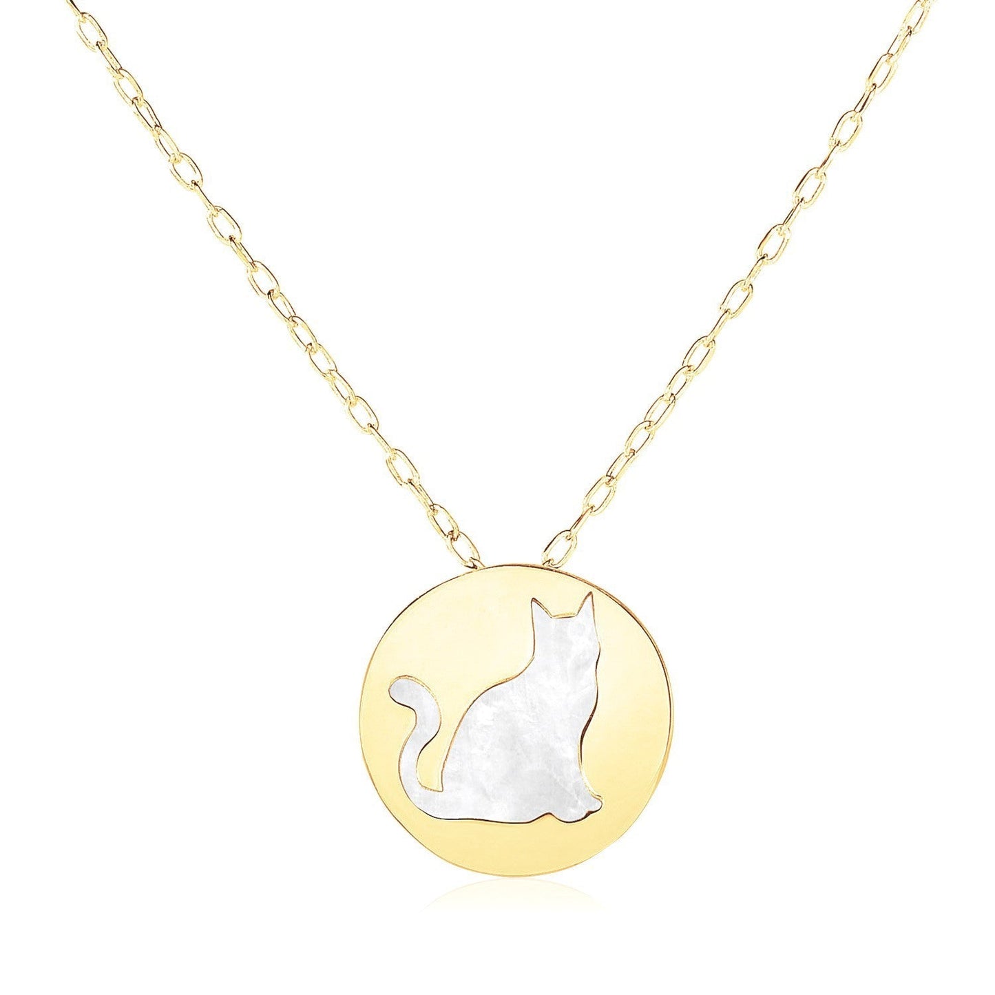 14k Yellow Gold Necklace with Cat Symbol in Mother of Pearl Bids.com