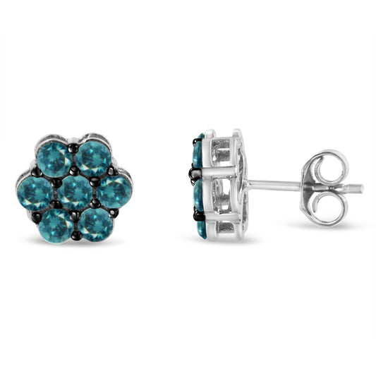 Sterling Silver Treated Blue Diamond Floral Stud Earrings (1 cttw, Blue Color, I2-I3 Clarity) Bids.com
