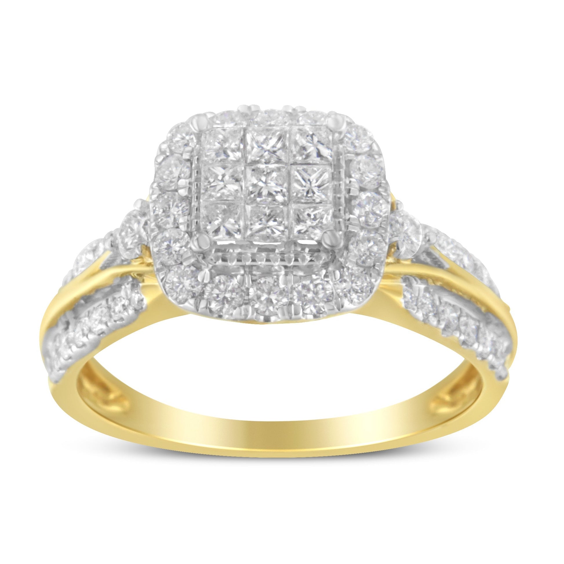 10K Yellow Gold 1.0 Cttw Diamond Composite Cushion-Shape Halo 3-Band-Look Engagement Ring (H-I Color, SI1-SI2 Clarity) - Size 6-1/4 Bids.com