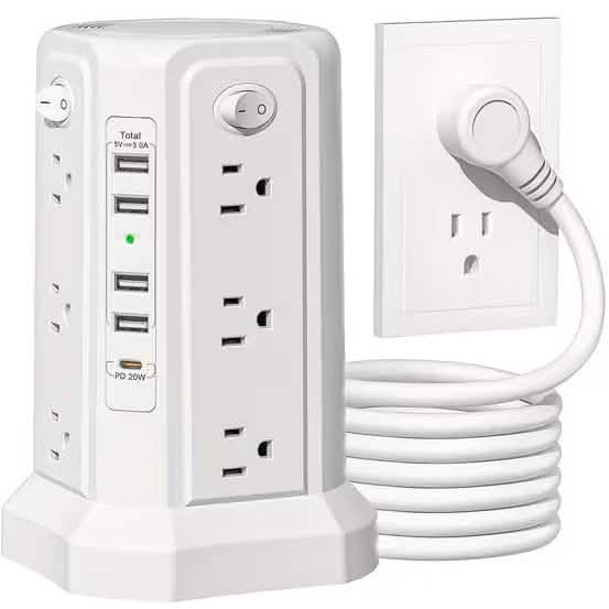 Surge Protector Tower 1800J with 4 USB A Ports, USB C (PD18W) Port, 12 AC Outlets and 10FT Cord DailySale