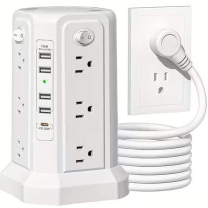 Surge Protector Tower 1800J with 4 USB A Ports, USB C (PD18W) Port, 12 AC Outlets and 10FT Cord DailySale
