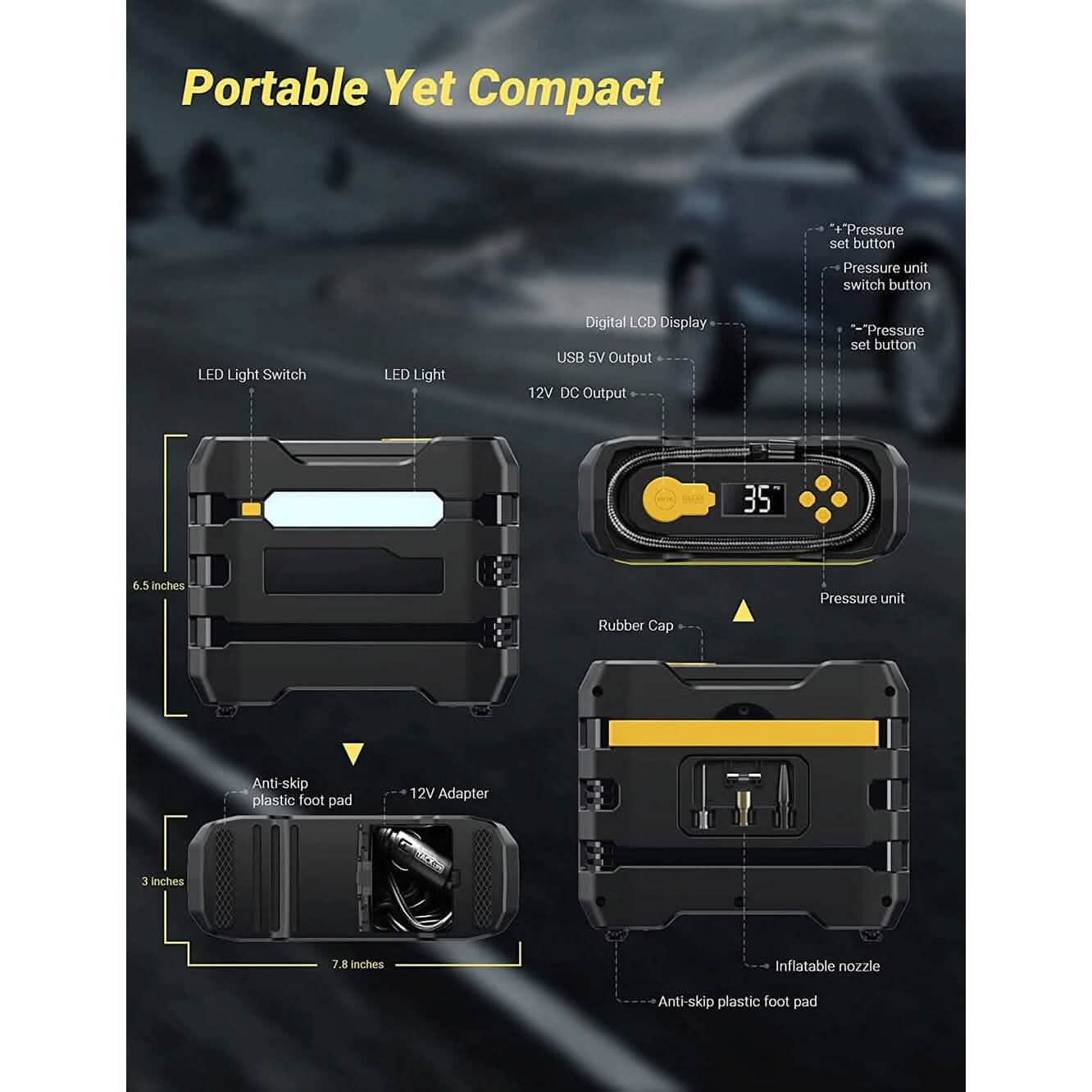 A6 Car Tire Inflator 12V DC Air Compressor Portable Multifunctional Tire Pump 3 LED Lights DailySale