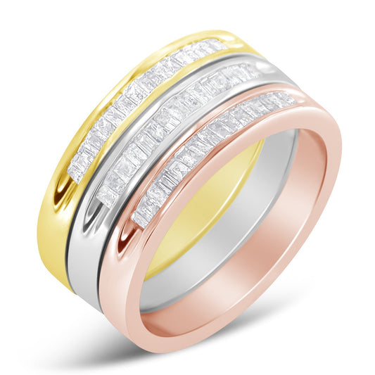 10K Yellow, White and Rose Gold over .925 Sterling Silver 5/8 Cttw Diamond Channel-Set Stackable Band Ring Set (H-I Color, I1-I2 Clarity) - Size 6 3/4 Bids.com
