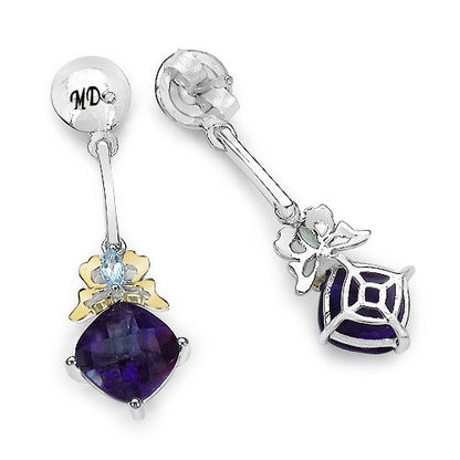 3.79 Carat Genuine Amethyst, Blue Topaz & White Diamond .925 Sterling Silver Earrings Bids.com