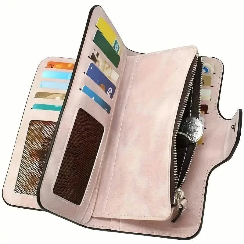 Vintage Faux Leather Long Wallet – Trifold Credit Card Holder with Snap & Zipper DailySale