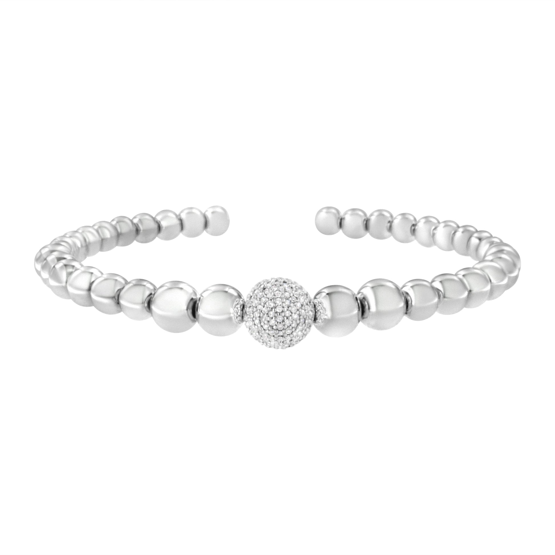 .925 Sterling Silver 1/6 Cttw Diamond Rondelle Graduated Ball Bead Cuff Bangle Bracelet (I-J color, I2-I3 clarity) - Fits wrists up to 7 1/2 inches Bids.com