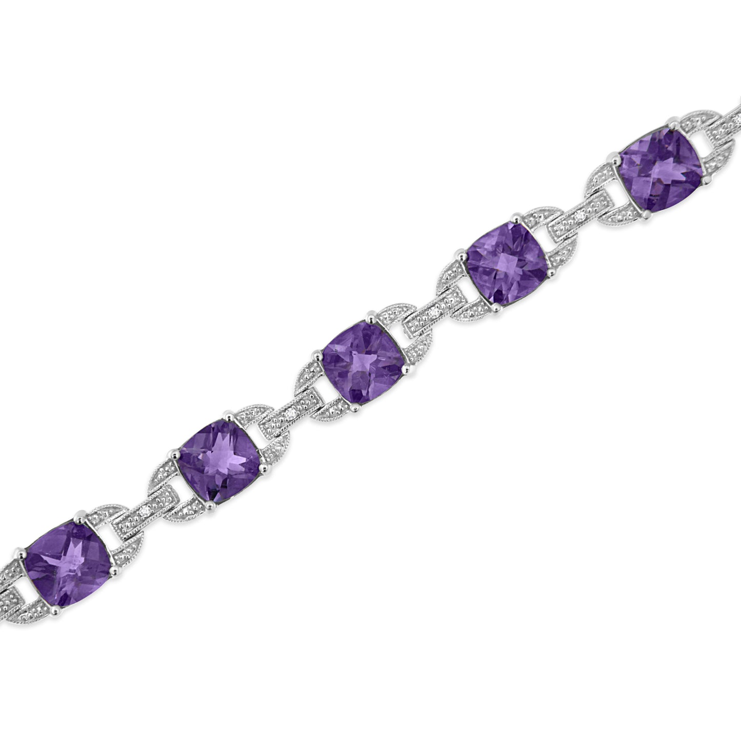 .925 Sterling Silver 7mm Cushion Cut Amethyst Gemstone and Diamond Tennis Link Bracelet (I-J Color, I1-I2 Clarity) - Size 7" Bids.com