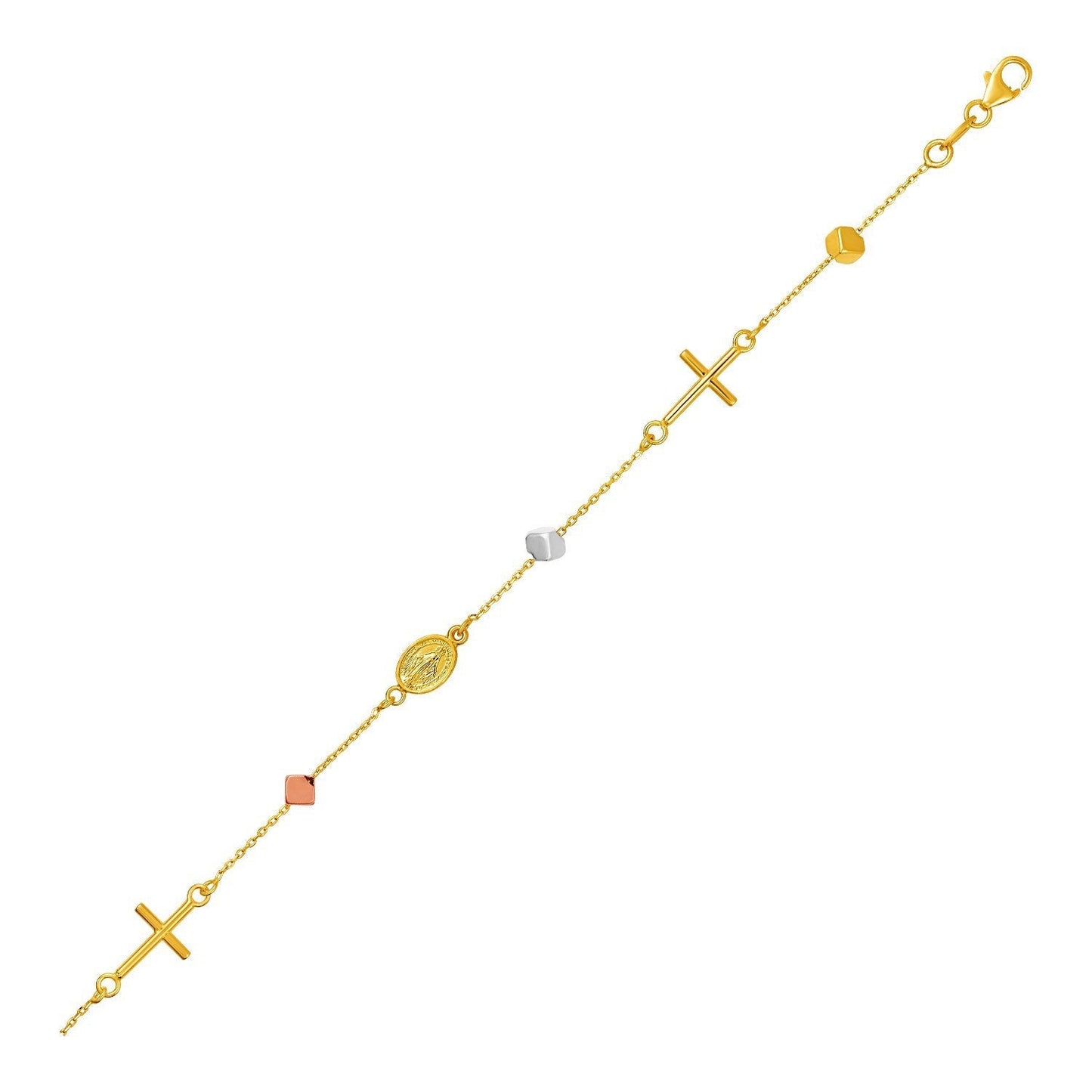 14k Tri Color Gold Bracelet with Crosses Cubes and Medallions Bids.com