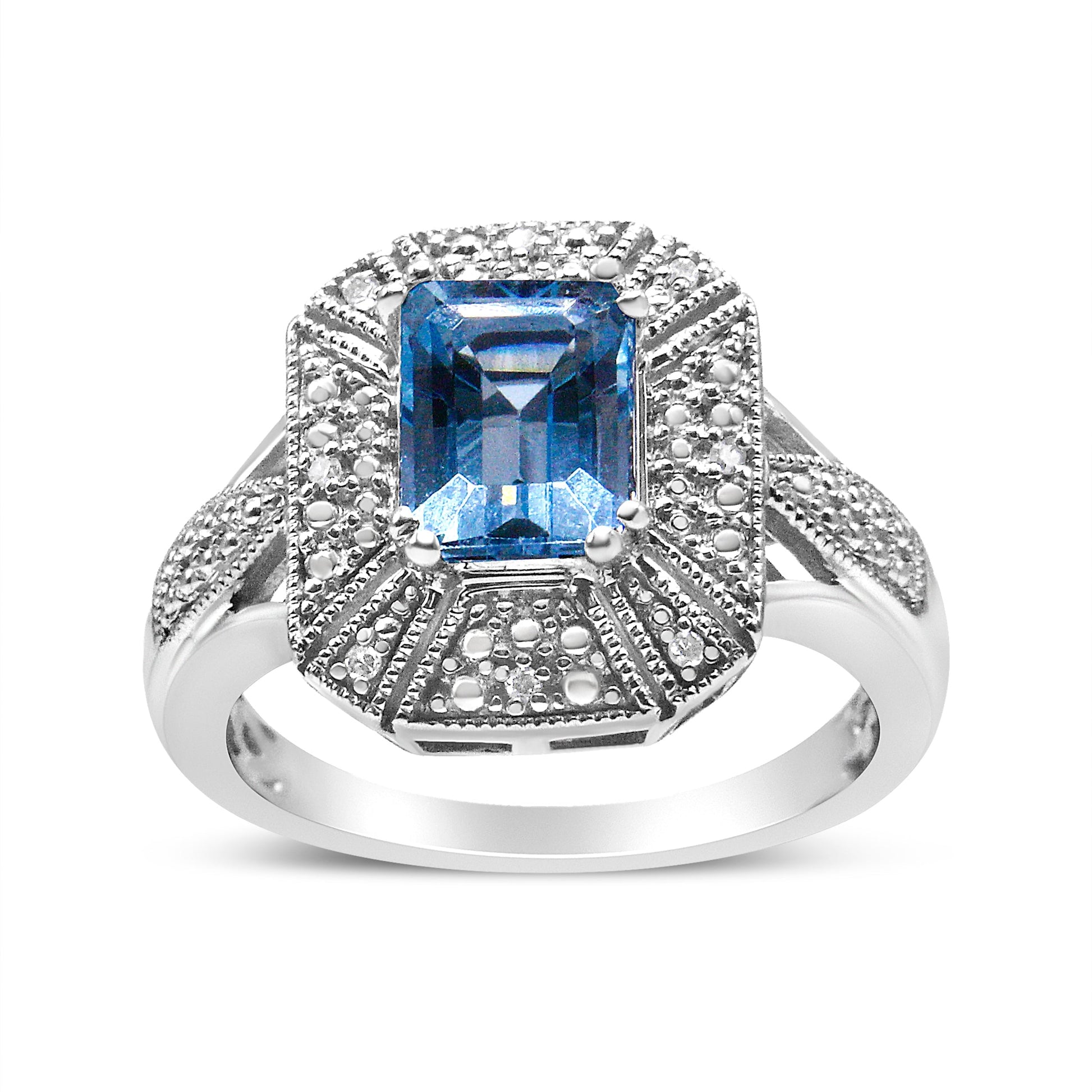 .925 Sterling Silver Diamond Accent and 8X6 mm Emerald-Shape Blue Topaz Ring (I-J Color, I2-I3 Clarity) - Ring Size 7 Bids.com