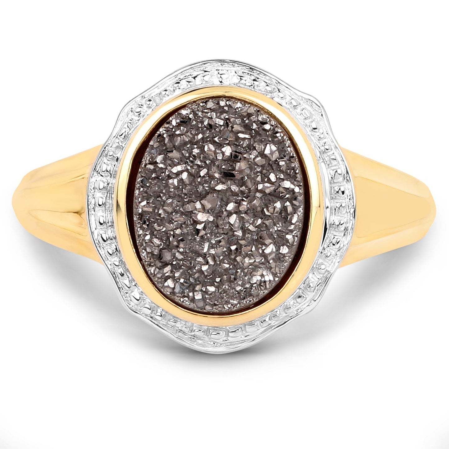 14K Yellow Gold Plated 4.50 Carat Genuine Drusy Quartz .925 Sterling Silver Ring Bids.com