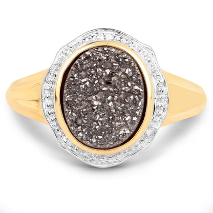 14K Yellow Gold Plated 4.50 Carat Genuine Drusy Quartz .925 Sterling Silver Ring Bids.com